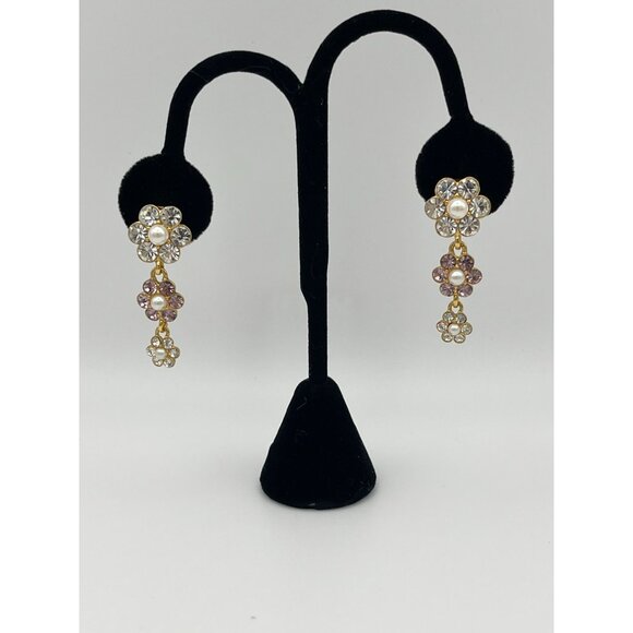Monet Drop Flowers Clip Back Earrings Rhinestone Faux Pearls - Picture 1 of 10